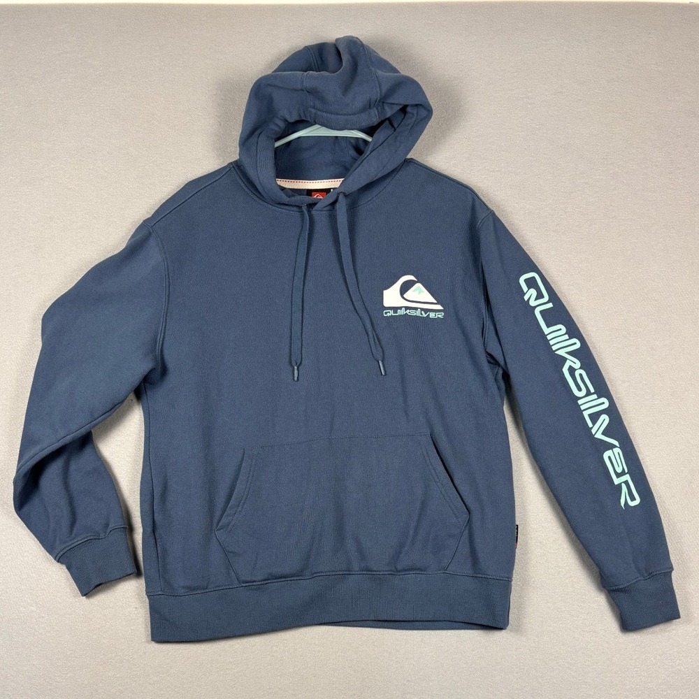 Quiksilver Logo Graphic Pullover Hoodie M Navy Blue Surf Skate Sleeve Print